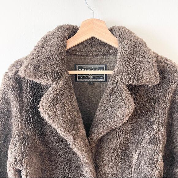 True Grit Teddy Jacket Faux Fleece Button Front Pockets Lightweight size M Brown - Picture 2 of 8